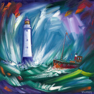 A vibrant painting depicting a lighthouse with a beacon of light and a boat on tumultuous sea waves, using broad, expressive brushstrokes and bright colors. By Raymond Murray